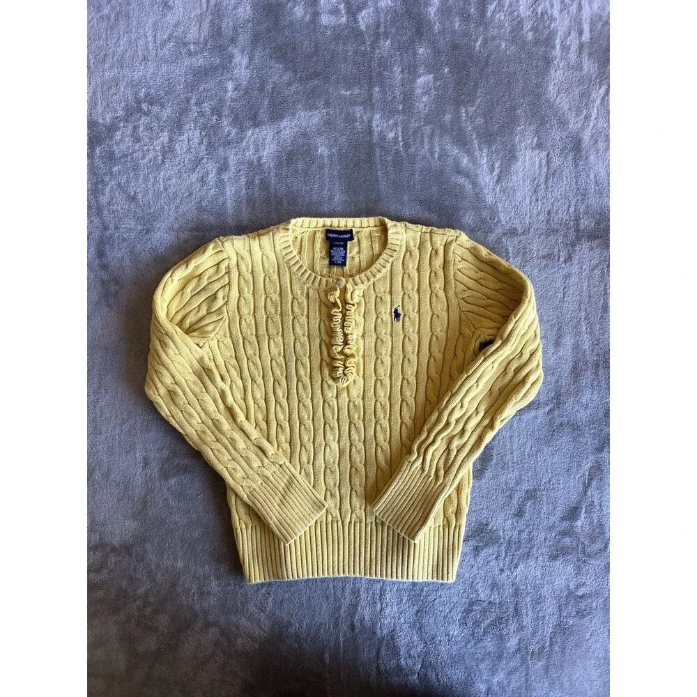 Ralph Lauren Yellow Cable Knit Sweater Size L Youth 1/4 Button EUC Ruffle Preppy